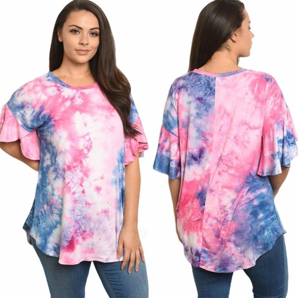 Tops - Plus Size Pink Blue Tie Dye Tunic Top